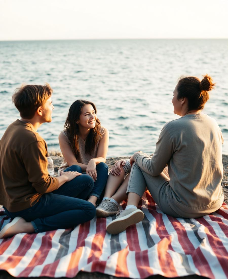 A small circle of friends in conversation by the sea