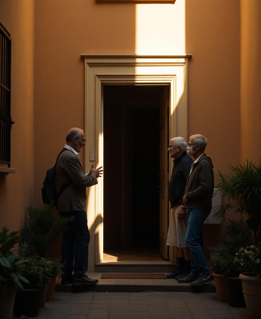 A neighbor greeting friends at a warm-lit doorway