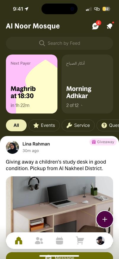 Wasal app — Al Noor Mosque community feed
